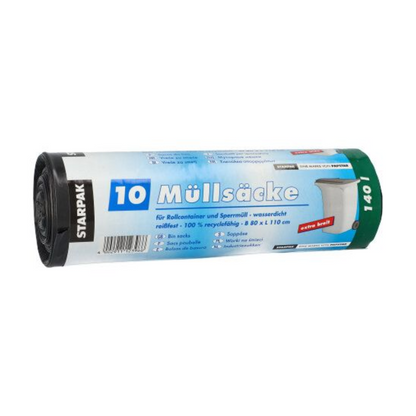 Un rouleau de 10 sacs poubelle Starpak, LDPE noir 140L (80 x 110 cm) avec texte allemand sur l'étiquette bleue, verte et blanche ; chaque rouleau contient 10 sacs.