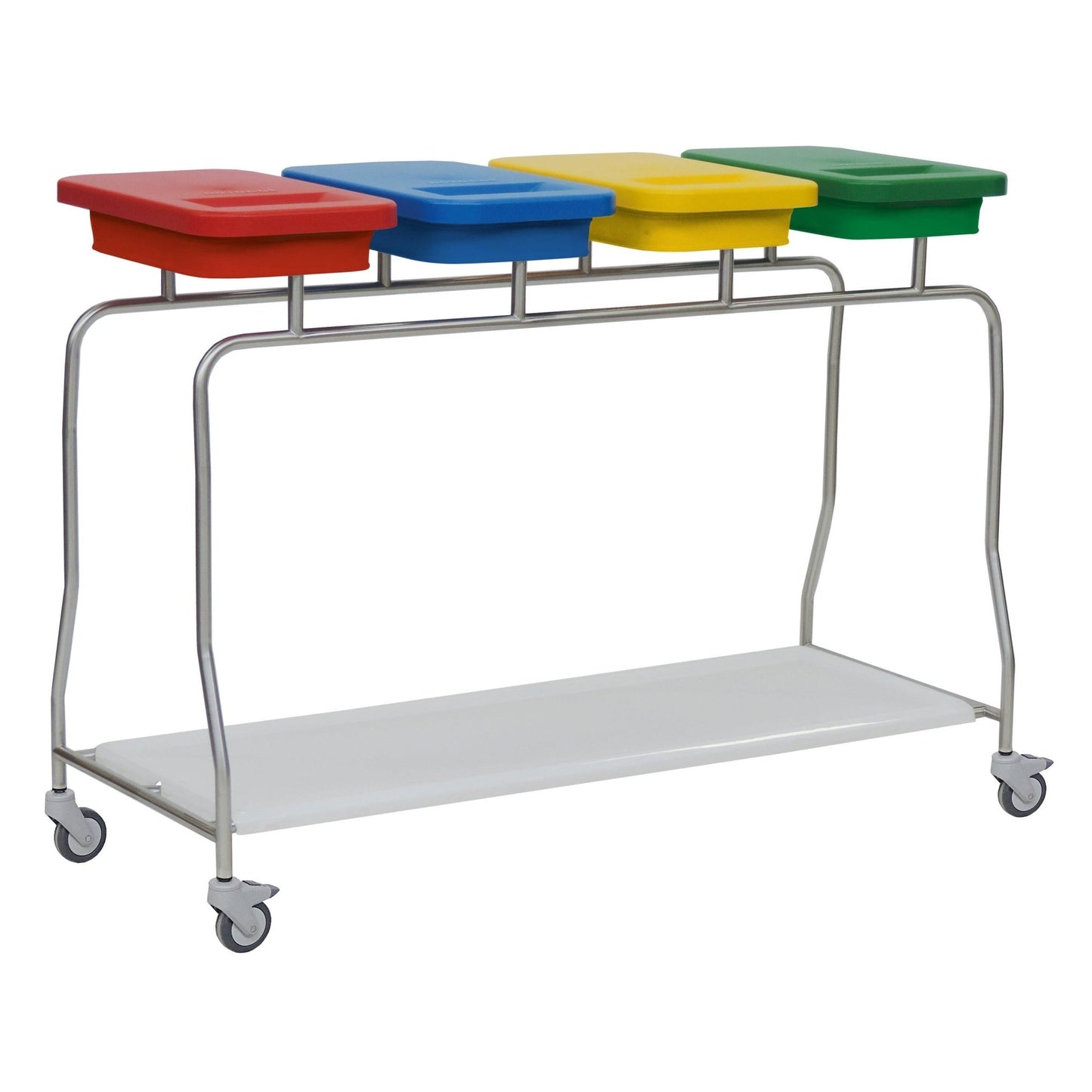 De Novocal roestvrijstalen afvalverzamelaar "Compact" viervoudige verzamelaar heeft een roestvrijstalen frame, vier gekleurde containers (rood, blauw, geel, groen), een witte bodemplaat en vier zwenkwielen voor eenvoudige mobiliteit.