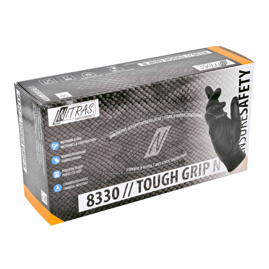 Doos met nitril-veiligheidshandschoenen met het opschrift „NITRAS TOUGH GRIP N“ van AS Arbeitsschutz GmbH. De verpakking bevat zwarte nitrilhandschoenen met een innovatief „schubbenoppervlak“ voor een gestructureerde grip en is voorzien van symbolen die de bestendigheid tegen mechanische en chemische risico’s aangeven.
