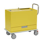 Der Novocal Kartei- und Visitenwagen ist ein gelber, rechteckiger Wagen mit Metallgriff, Schloss, Lenkrollen, unterer Schublade und flachem, weißem Boden - ideal für die mobile Aufbewahrung in medizinischen oder Büroeinrichtungen. Hergestellt aus hochwertigen Spezialplatten der E-Klasse.