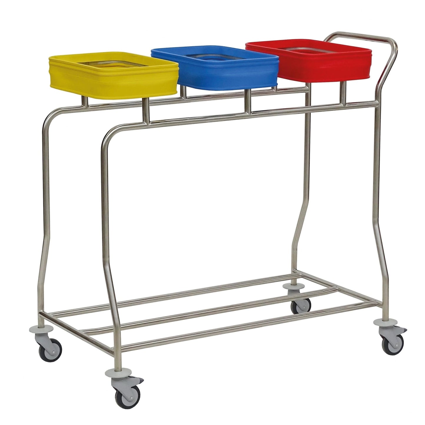 Une solution peu encombrante : le collecteur de linge en acier inoxydable Novocal "Kompakt plus" avec trois conteneurs colorés sur roulettes - idéal pour trier ou collecter divers objets.