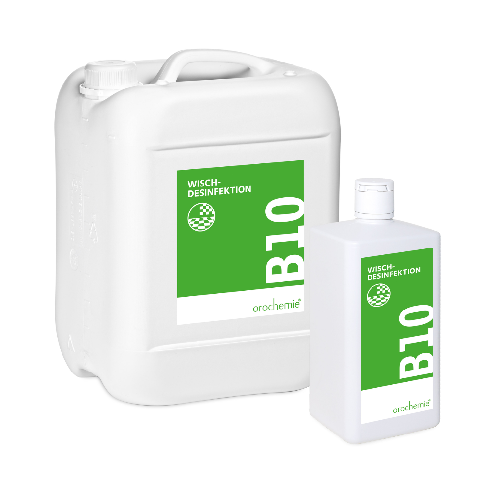 Een grote witte kunststofcontainer en een kleinere fles met het opschrift "Orochemie B 10 Wischdesinfektion - Schaumarm Konzentrat | Flasche (1000 ml)" van orochemie GmbH + Co KG zijn afgebeeld tegen een schone witte achtergrond.