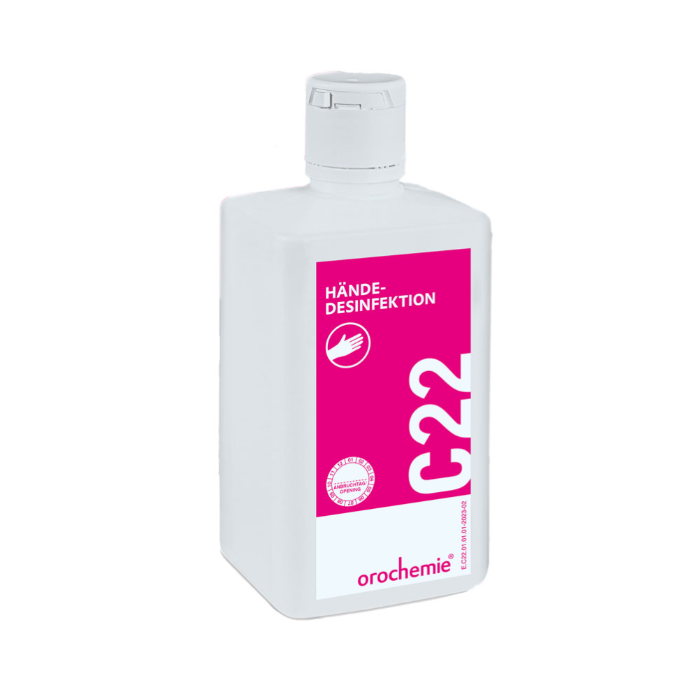De 500 ml Orochemie C 22 Handdesinfectie van orochemie GmbH + Co KG is een gebruiksklare, alcoholische handdesinfectiemiddel in een witte fles met roze etiket en schroefdop, geschikt voor de chirurgische handdesinfectie.