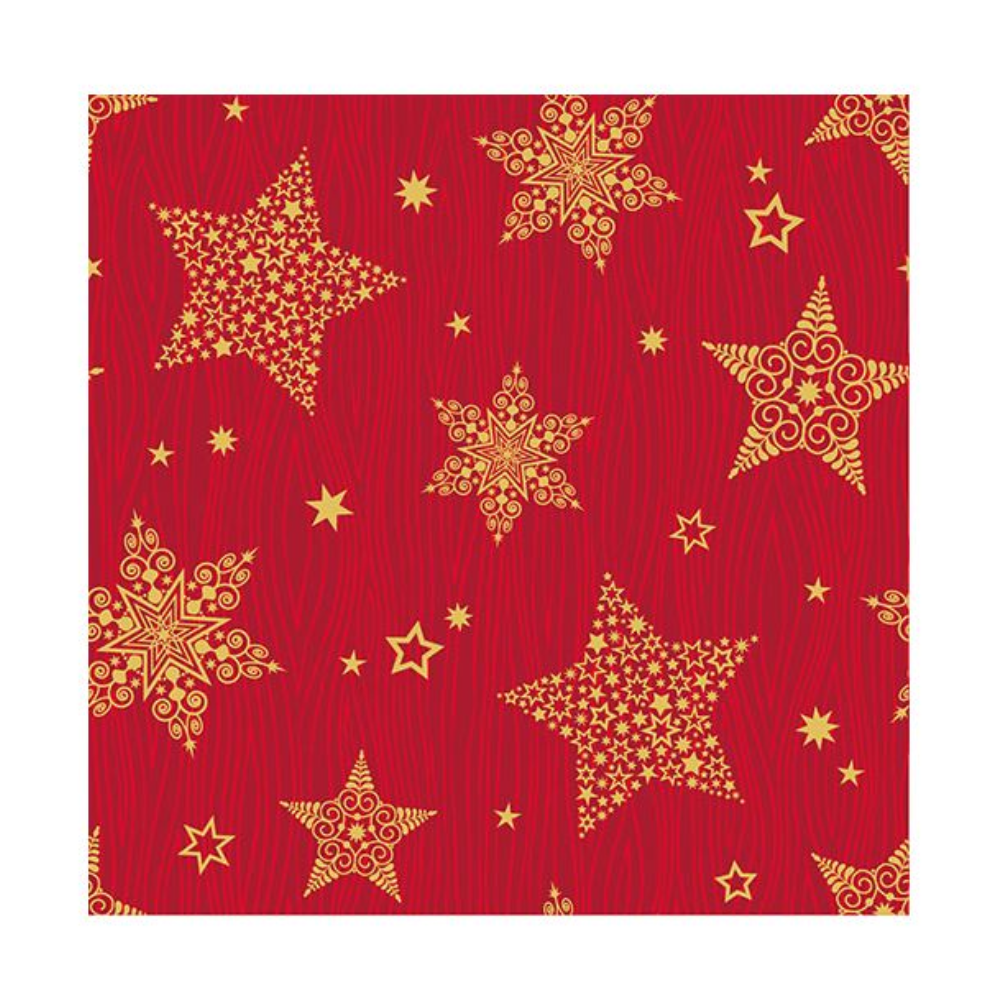 Un fond rouge vif orne le motif « Christmas Shine » et présente des étoiles jaunes richement décorées de différentes tailles, dispersées sur la toile. Chaque étoile présente des motifs détaillés qui renforcent le caractère festif de ce motif décoratif et rappellent les élégantes serviettes de fête de la PAPSTAR GmbH.