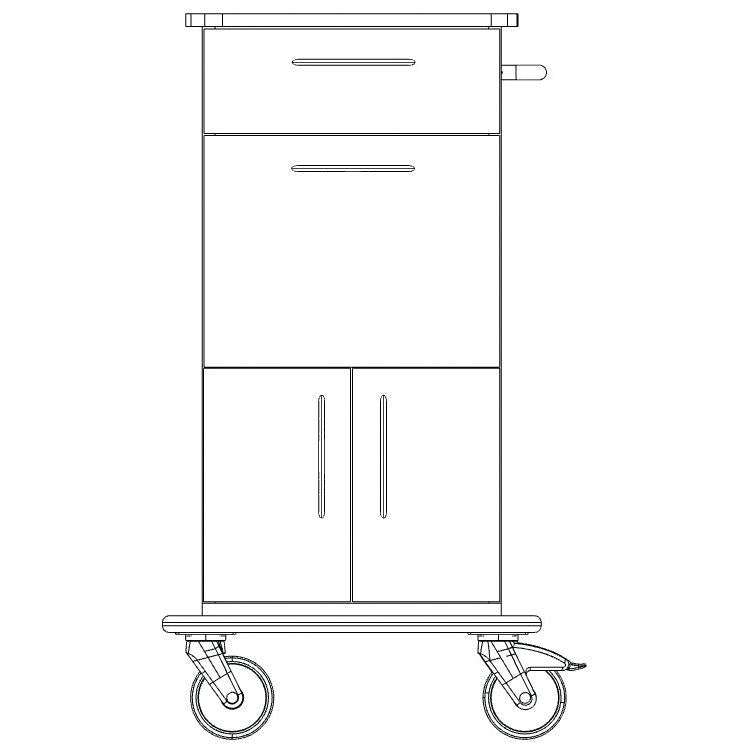 Vooraanzicht van de Novocal verzorgings- en werkwagen: met volledig kunststof onderstel, bovenste lade, onderste kast met twee deuren, handgreep aan de rechterkant en twee grote wielen. Merk: Novocal.