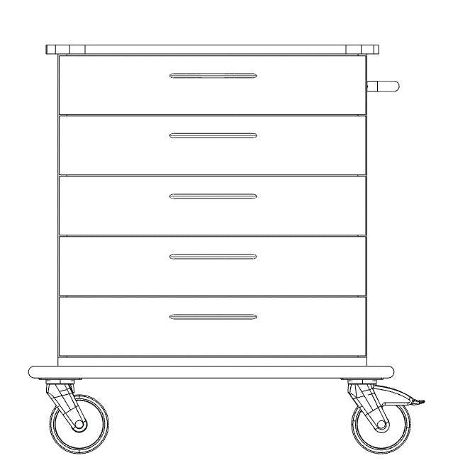 Vorderansicht Strichzeichnung des Novocal Pflege- und Arbeitswagen Fahrgestell mit vier Schubladen, Griffen an jeder Schublade, zwei großen Vorderrädern und zwei kleineren Hinterrädern. Marke: Novocal. Packung: 1 Stück.