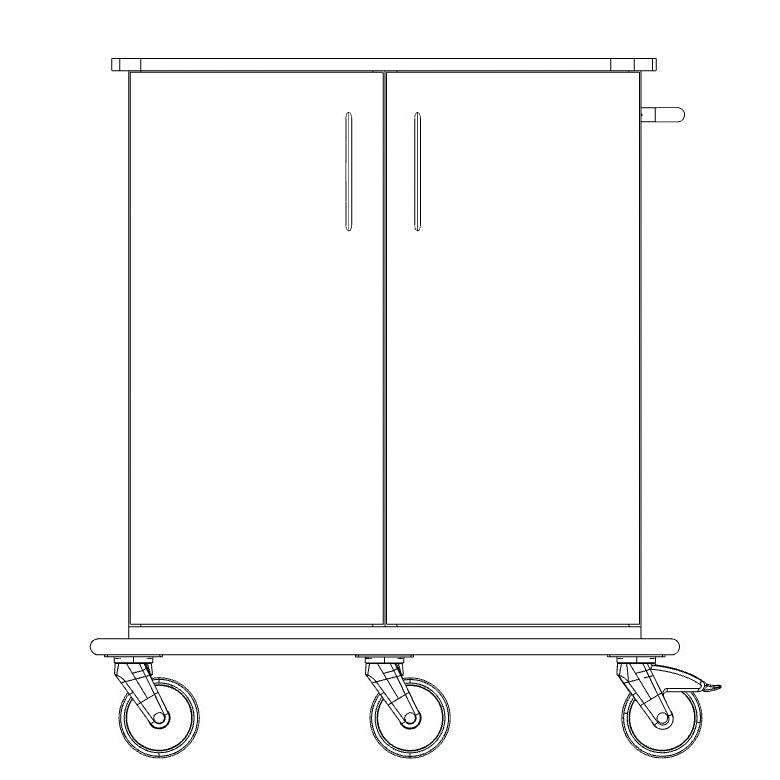 Een lijntekening van de Novocal zorg- en werkwagen toont een rechthoekig onderstel met twee verticale deuren, vier zwenkwielen, een zijhandgreep en een doorlopende kunststof plaat voor stabiliteit en gemakkelijke mobiliteit.