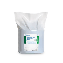Een verzegelde verpakking van blauwe Dr. Schumacher DESCOSEPT PUR INDUSTRIAL WIPES van Dr. Schumacher GmbH, afgebeeld op een eenvoudige witte achtergrond, met witte en groene opdruk, is ideaal voor het onderhoud van machines en gereedschappen.