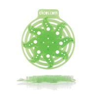 Un tapis d'urinoir Ekcos Power Screen vert et rond – 30+ jours, de la marque Diversey Deutschland GmbH & Co. OHG, doté de plusieurs trous et d'appendices en forme de feuilles, est représenté en position verticale ; en haut, la mention « ekcos.com » est imprimée, soulignant son action anti-odeurs longue durée pouvant aller jusqu'à 30 jours.