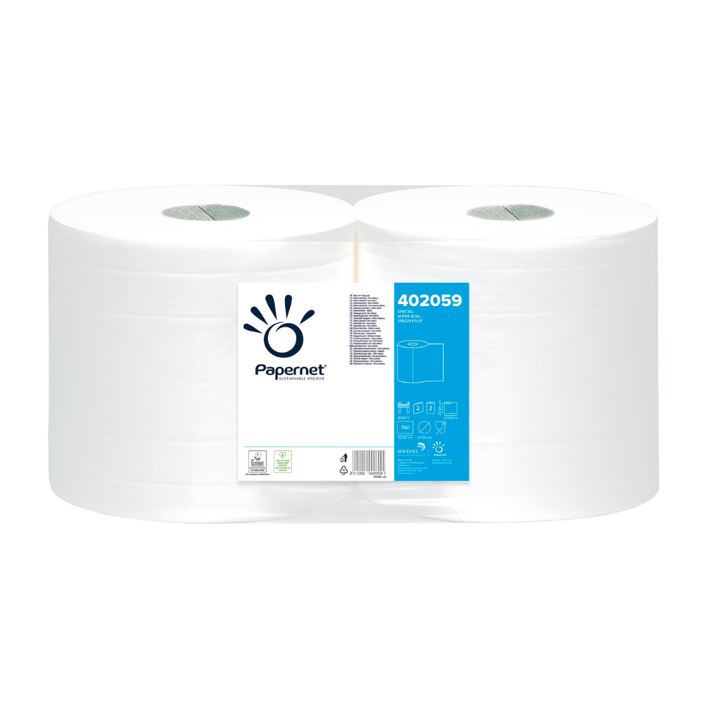 Twee grote rollen Papernet industrieel papier 402059 van Sofidel Germany GmbH zijn naast elkaar gestapeld. Elke rol is voorzien van een wit etiket met daarop het merkelogo, het productnummer 402059 en verschillende productdetails in blauwe en zwarte letters, ideaal voor dagelijkse schoonmaaktaken.
