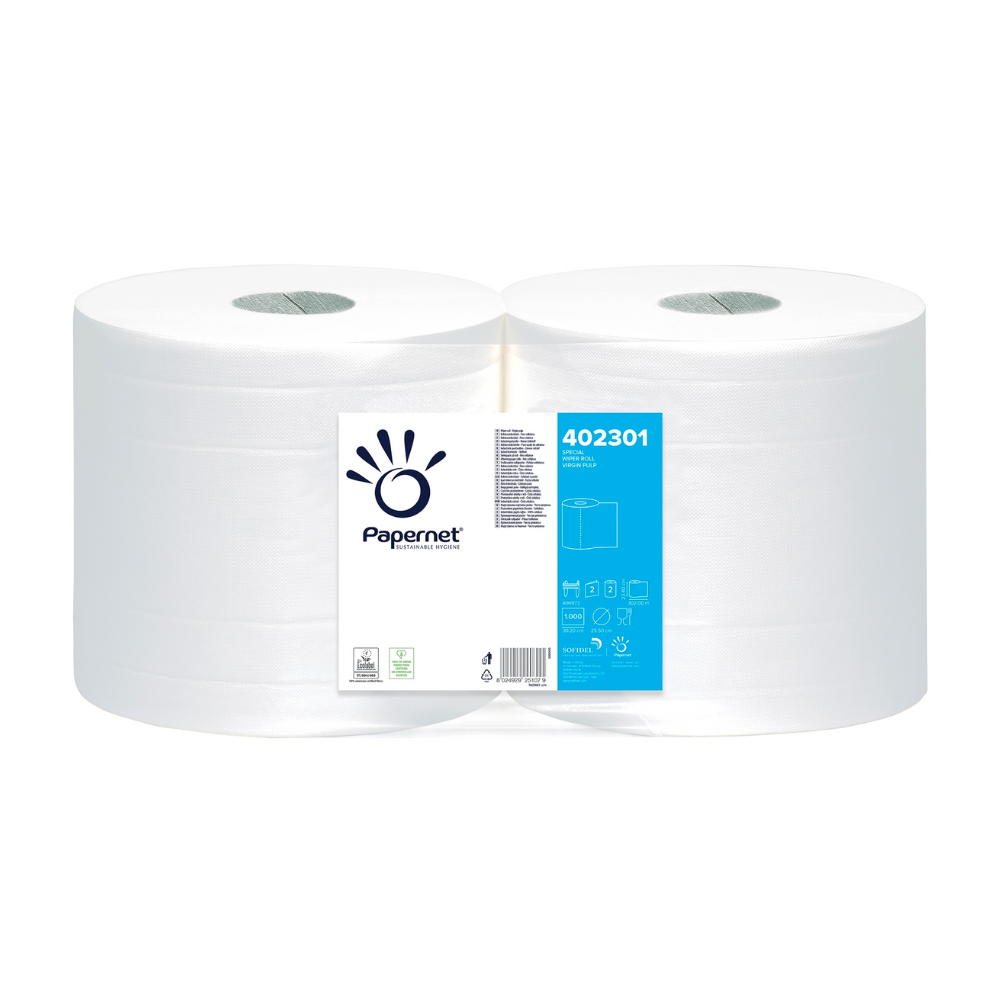 Twee grote rollen Papernet industrieel papier, productnummer 402301, zijn samen verpakt. Een etiket draagt het merk „Sofidel Germany GmbH“ en bevat symbolen die wijzen op recyclinginformatie. Deze absorberende, tweelaagse papieren doeken zijn ideaal voor alle schoonmaakwerkzaamheden.