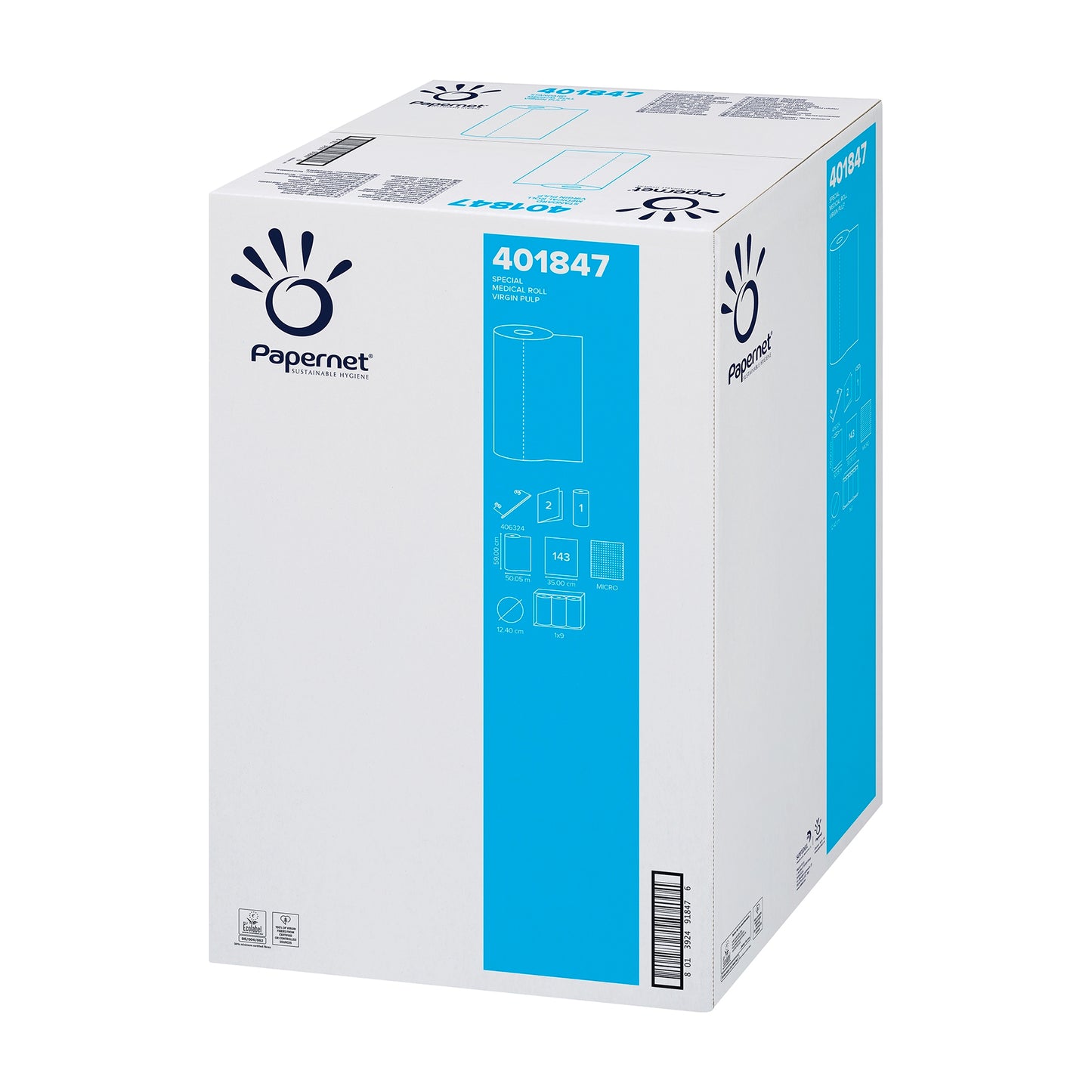 Een grote witte doos met blauwe accenten toont het logo van Sofidel Germany GmbH en het productnummer 401847. De met afbeeldingen en beschrijvingen versierde verpakking onthult de inhoud: Papernet Onderlegger artsenrol, een 2-laags papierproduct van cellulose, perfect geschikt voor toepassingen zoals medische bedhoezen of onderzoekstafelbekleding. Elke doos bevat 9 rollen.