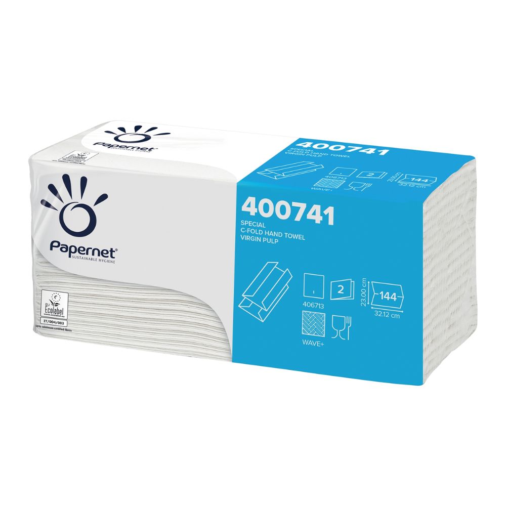 Exposé est un paquet de Papernet 400741 serviettes pliées en C de Sofidel Germany GmbH avec un design bleu et blanc et un symbole de main. Ces serviettes à deux plis sont fabriquées à partir de pâte à papier vierge, chaque feuille mesurant 23 x 32 cm.