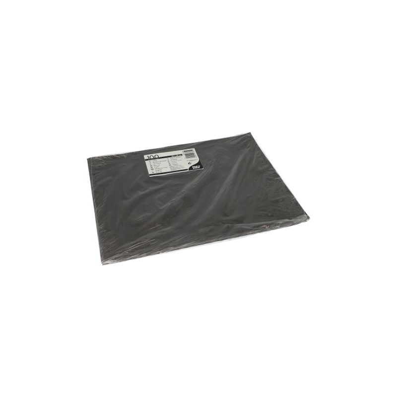 Un set de table rectangulaire noir PAPSTAR 100, papier 30 x 40 cm de la société PAPSTAR GmbH est scellé dans un plastique transparent avec une étiquette blanche et noire. L'emballage écologique est représenté devant un fond blanc simple.