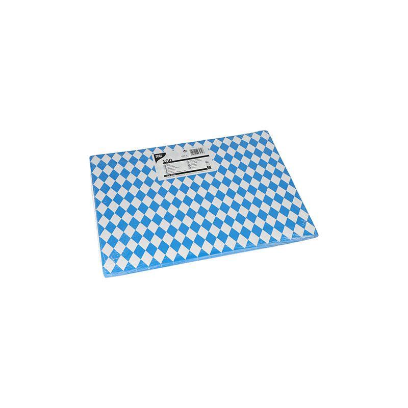 Un set de table en papier de la société PAPSTAR GmbH, 30 x 40 cm, avec un motif de losanges bleu et blanc, écologique, avec une étiquette contenant du texte et un code-barres au centre. Photographie sur fond blanc. Produit : PAPSTAR 100 sets de table, papier.