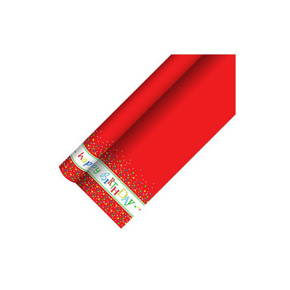 Een rol rood papieren tafellaken met gekleurde stippen aan de rand en een 'Happy Birthday'-banner aan de onderkant, perfect om een feestelijke toets te geven en tegelijkertijd bescherming tegen stof te bieden, van de PAPSTAR GmbH.