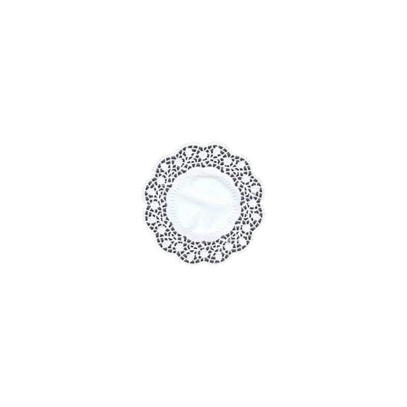 Un seul napperon rond blanc pour assiette et tasse PAPSTAR (15 cm) avec une découpe en forme de dentelle, idéal pour une décoration de table élégante, est représenté au centre sur un fond blanc simple. L'emballage contient 100 pièces. Marque : PAPSTAR GmbH.