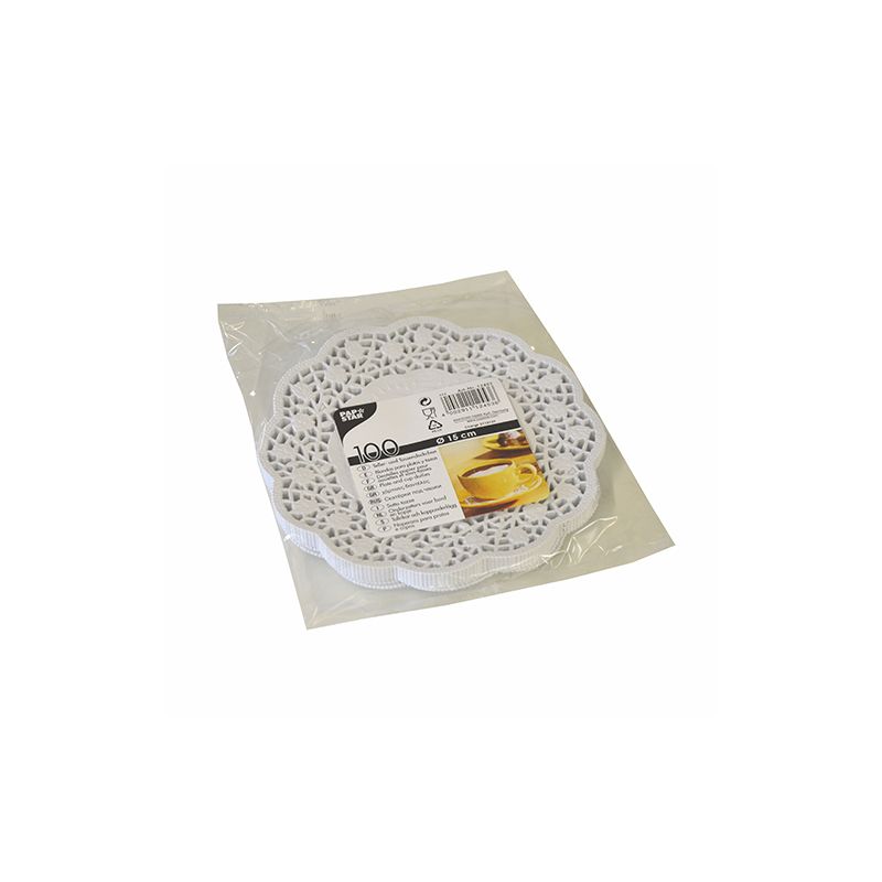 Un paquet scellé de 100 napperons ronds blancs pour assiette et tasse PAPSTAR (15 cm) de PAPSTAR GmbH avec un design en dentelle décoratif pour une table élégamment dressée ; l'étiquette montre une tasse de thé et contient un code-barres.