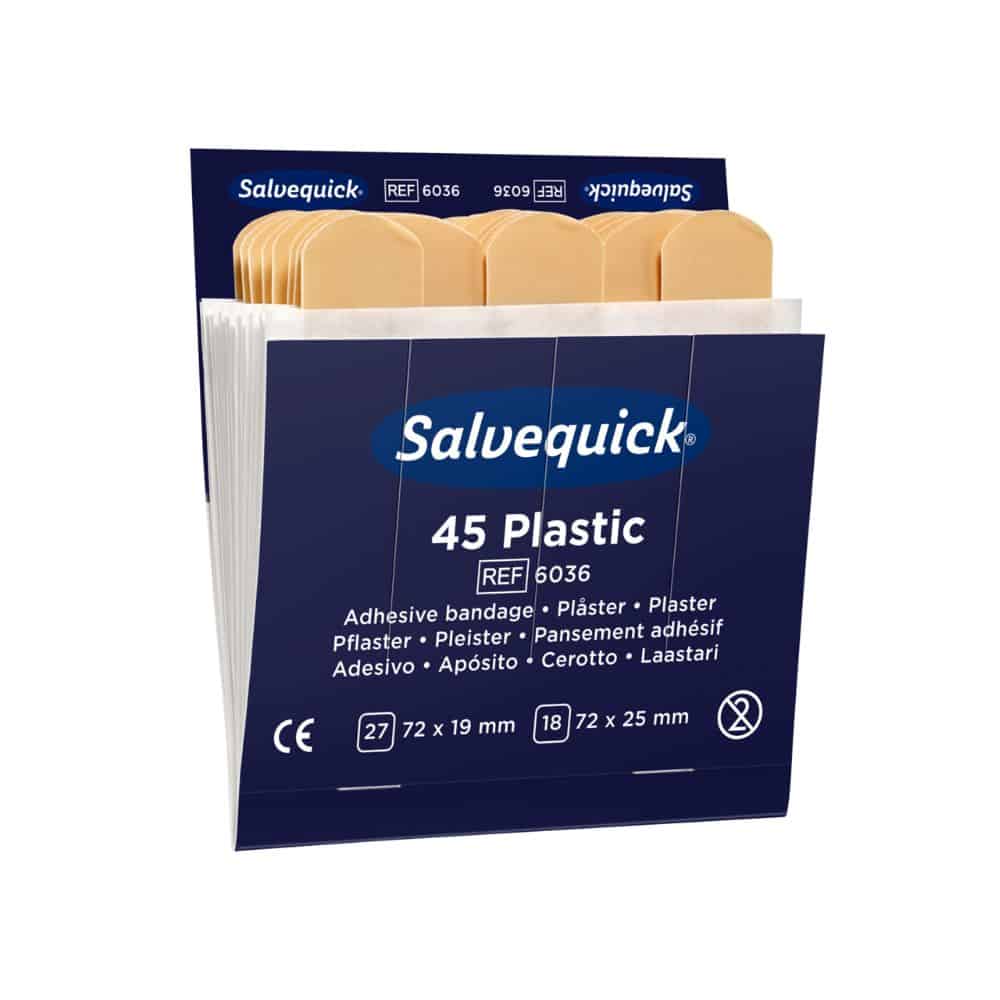 Une boîte de pansements Holthaus Medical Salvequick® Recharge en plastique de Holthaus Medical GmbH & Co. KG porte l'inscription „45 Plastic“ et contient 45 pansements en plastique de deux tailles : 27 pièces à 72 x 19 mm et 18 pièces à 72 x 25 mm. La boîte bleu-blanc contient du texte multilingue et est donc parfaitement adaptée comme recharge Salvequick.