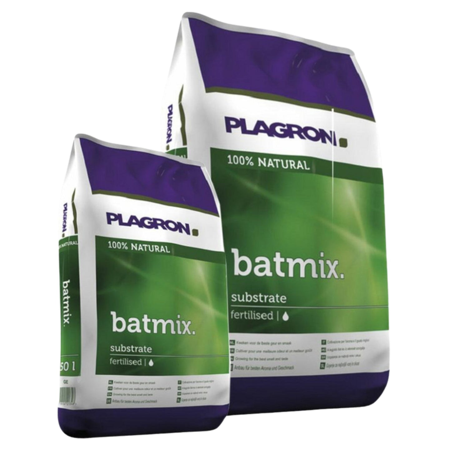 Deux sacs de Plagron Batmix de Bertels B.V. dans un emballage vert et violet portent le logo Batmix, sont étiquetés comme 100 % naturels et enrichis de types de tourbe pour une meilleure croissance des plantes, disponibles en différentes tailles avec des informations détaillées sur l'emballage.