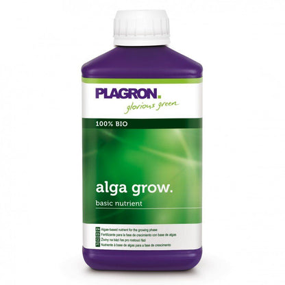 Une bouteille de Plagron Alga Grow Engrais de croissance naturel de Bertels B.V. est un nutriment de base 100 % biologique pour la croissance. La bouteille est violette et possède une étiquette vert-blanc avec la marque et les informations sur le produit.