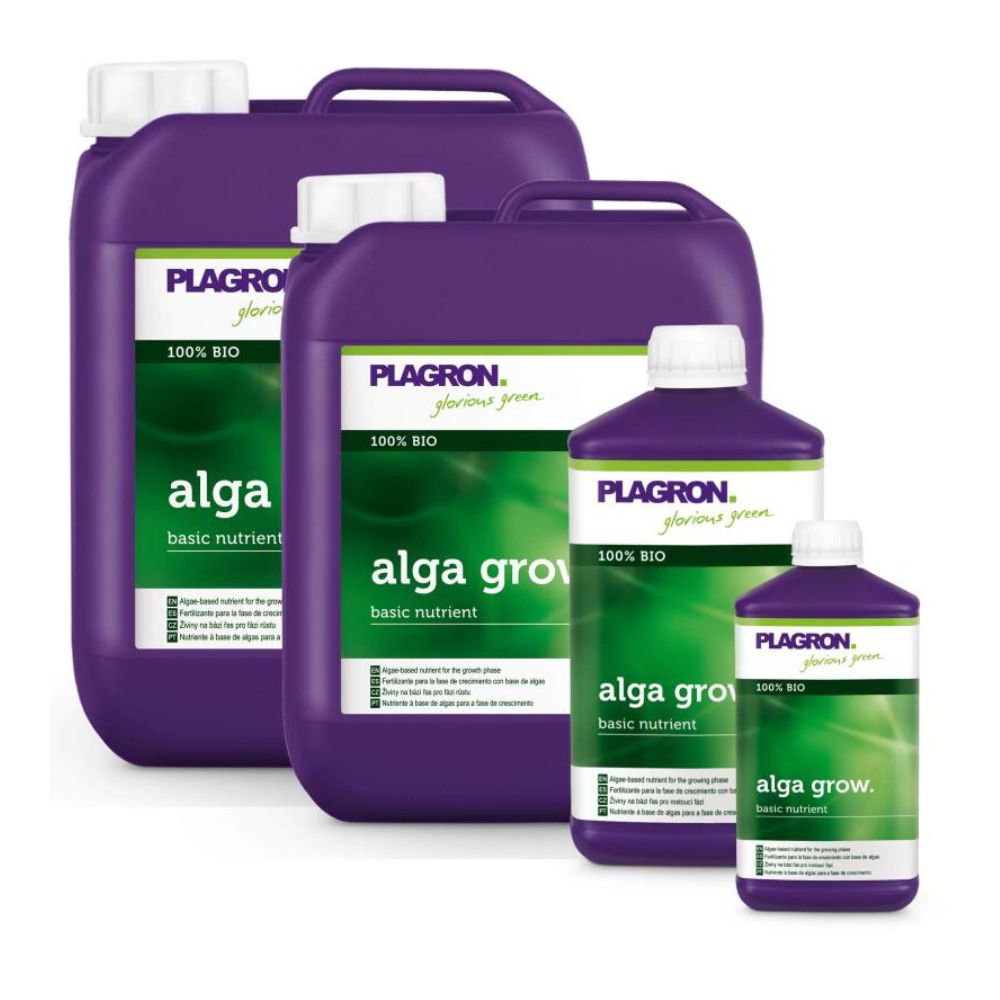 Quatre conteneurs avec Plagron Alga Grow Engrais de croissance naturel de Bertels B.V. comprennent deux grands pichets violets et deux bouteilles plus petites. Des étiquettes vertes et blanches indiquent « 100 % Bio » et soulignent son rôle en tant que nutriment de base important pour votre jardin.