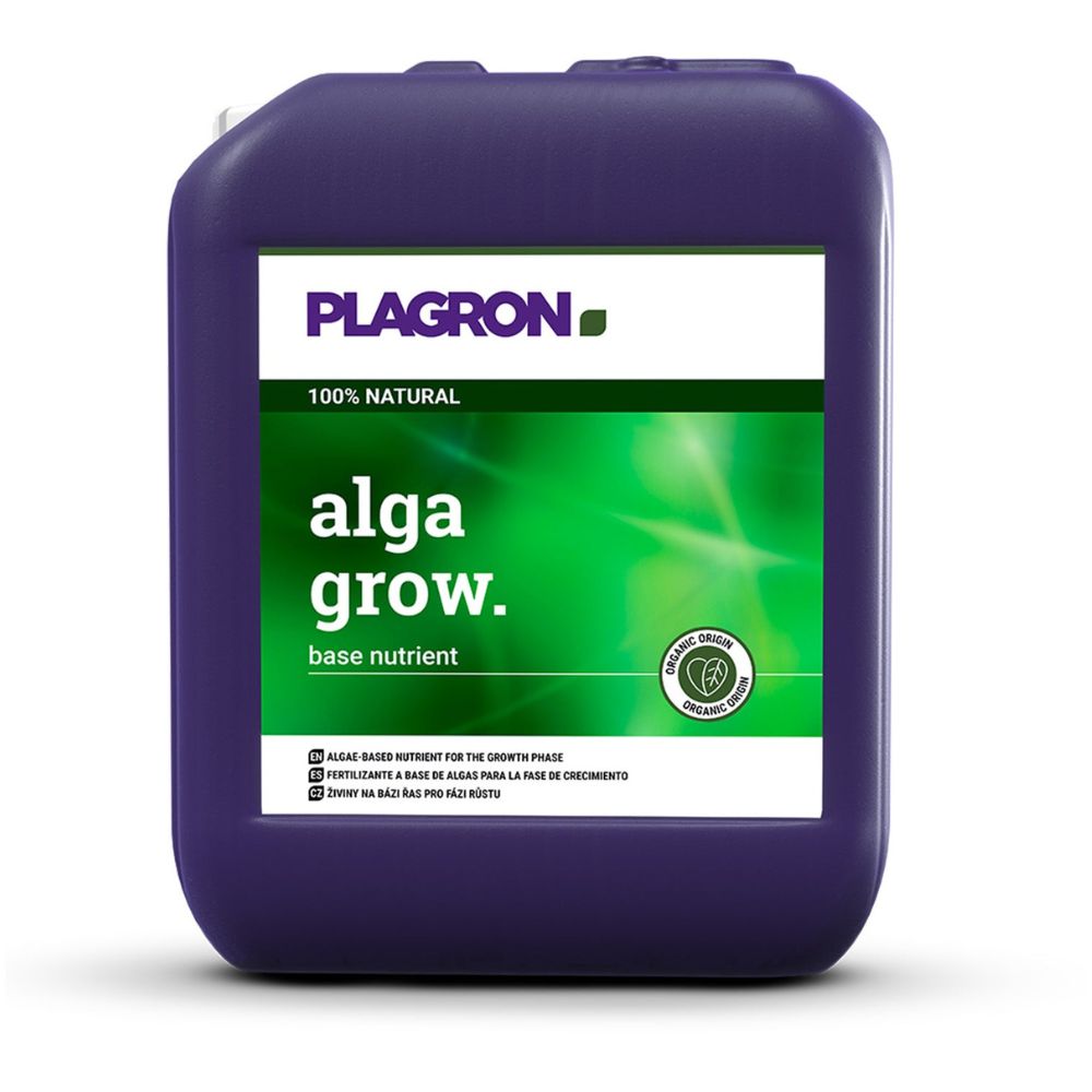 Un grand pichet violet avec l'inscription « Plagron Alga Grow Engrais de croissance naturel » de Bertels B.V. a un fond vert avec du texte en anglais et en espagnol. Ce conteneur carré avec une poignée supérieure est un engrais de croissance naturel idéal pour votre jardin.
