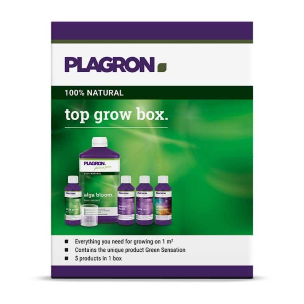 La Plagron Top Grow Box 100% Natural de Bertels B.V. a un design vert-violet, comprend cinq bouteilles dont « Alga Bloom », utilise des ingrédients naturels, soutient la croissance sur plus de 1 m² et offre d'excellents engrais biologiques pour une nutrition complète.