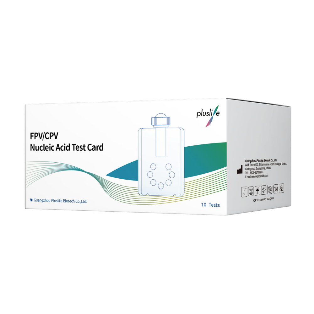 On voit une boîte blanche avec l'inscription « Pluslife FPV/CPV-Karte, kit de test d'acide nucléique pour chiens et chats | Paquet (10 pièces) » de Pluslife. Sur la boîte, une simple illustration d'une carte de test est visible et un texte indique qu'elle contient 10 tests. Ce kit de test d'acide nucléique fabriqué par Guangzhou Pluslife Biotech Co., Ltd. est idéal pour le diagnostic de santé chez les chiens.