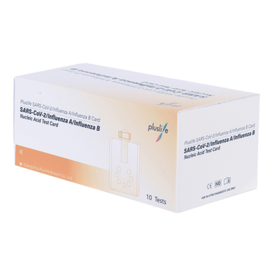 Une boîte de kits de test Pluslife SARS-CoV-2 / grippe A / grippe B (10 tests) pour les tests d'acides nucléiques contient 10 tests.