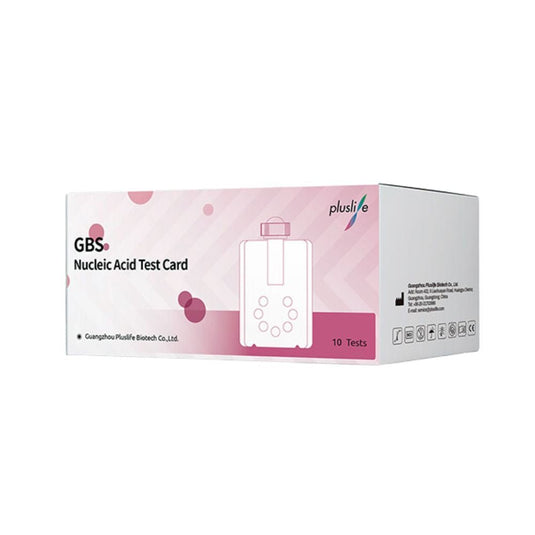 Les kits de dépistage des streptocoques du groupe B « Pluslife » de la société MedRhein GmbH sont livrés dans une boîte rose et blanche. Ils permettent un dépistage rapide in vitro des streptocoques du groupe B, contiennent 10 tests et sont fabriqués par Guangzhou Pluslife Biotech Co., Ltd.