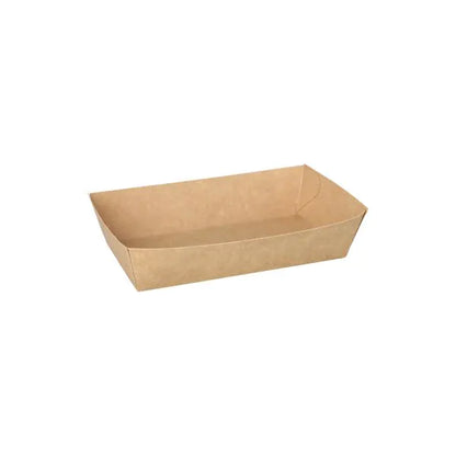 Un simple, rectangulaire brun "PAPSTAR 50 Snacktrays, carton 'pure' - brun" de PAPSTAR GmbH est vide sur un fond blanc - une solution de service jetable écologique en carton.