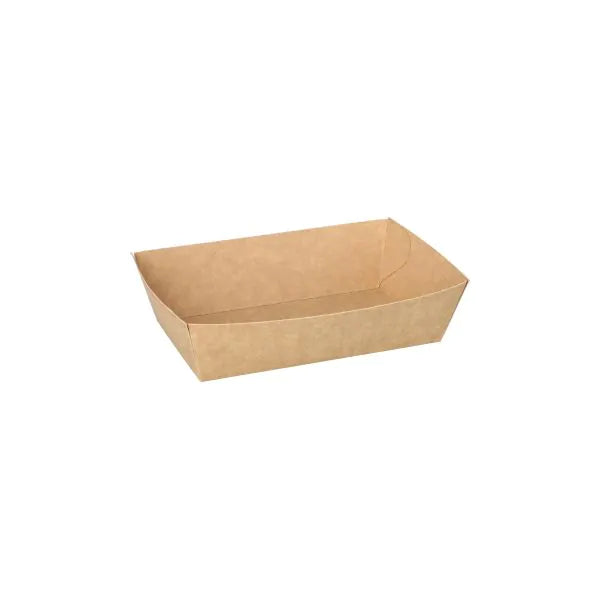 Les PAPSTAR GmbH 50 Snacktrays, carton "pure" - brun, sont des bols en carton brun simples, rectangulaires avec des côtés inclinés, fabriqués à partir de matériaux jetables durables et présentés sur un fond blanc.