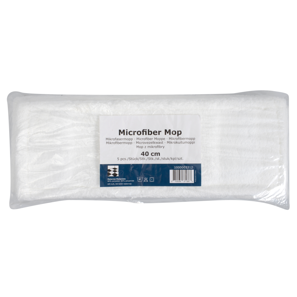 De Abena Re-Seller GmbH microvezelmop standaard, wit, is een rechthoekige navulverpakking van 5 stuks van 40 cm met blauw-wit etiket - ideaal voor duurzame reiniging.