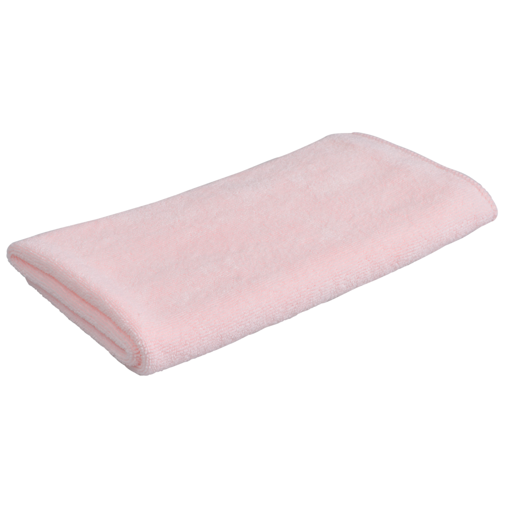 Un chiffon en microfibre rose pâle plié ENA Soft d'Abena Re-Seller GmbH (40x40 cm) avec une texture douce et pelucheuse, parfait pour le nettoyage ou l'entretien automobile, sur un fond blanc simple.