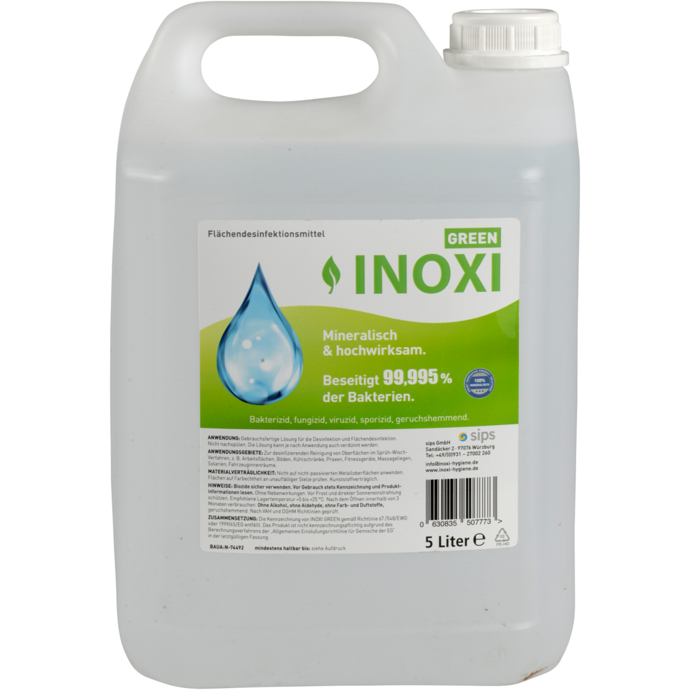 Un récipient de 5 litres en plastique transparent avec un couvercle blanc, étiqueté "Inoxi Green" de Abena Re-Seller GmbH. L'étiquette vert-blanc indique qu'il s'agit d'un désinfectant de surface minéral qui tue 99,995 % des bactéries.