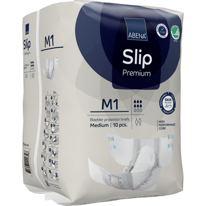 Die 10er-Packung ABENA Slip Premium von Abena Re-Seller GmbH, Größe medium, zeichnet sich durch hautfreundliches Material, einen leistungsstarken Kern und eine bebilderte Anleitung zur optimalen Inkontinenzversorgung aus.