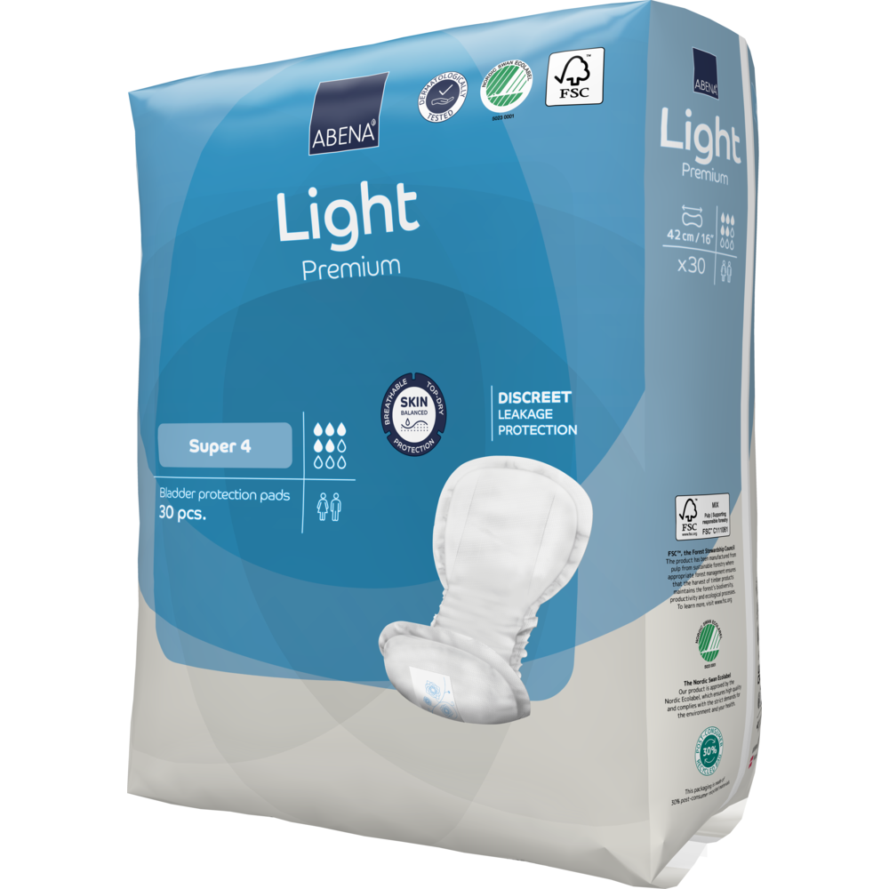 Eine Packung ABENA Light Super 4, Premium von Abena Re-Seller GmbH enthält 30 Pads. Die blau-weiße Verpackung zeigt Produktinfos und Zertifizierungslogos und bietet zuverlässigen Blasenschutz.