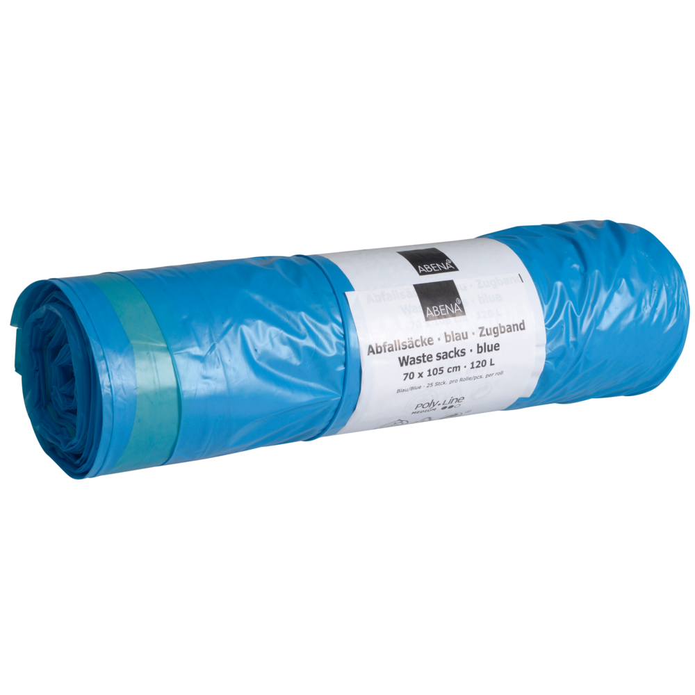 Een rol Abena Re-Seller GmbH vuilniszakken 120 L met trekband, 700x1050mm, 38 my, blauw; wit etiket met info in Duits/Engels. Elke rol bevat 25 zakken, ideaal voor afvalverwijdering.