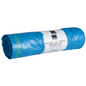 Een rol Abena Re-Seller GmbH vuilniszakken 120 L met trekband, 700x1050mm, 38 my, blauw; wit etiket met info in Duits/Engels. Elke rol bevat 25 zakken, ideaal voor afvalverwijdering.