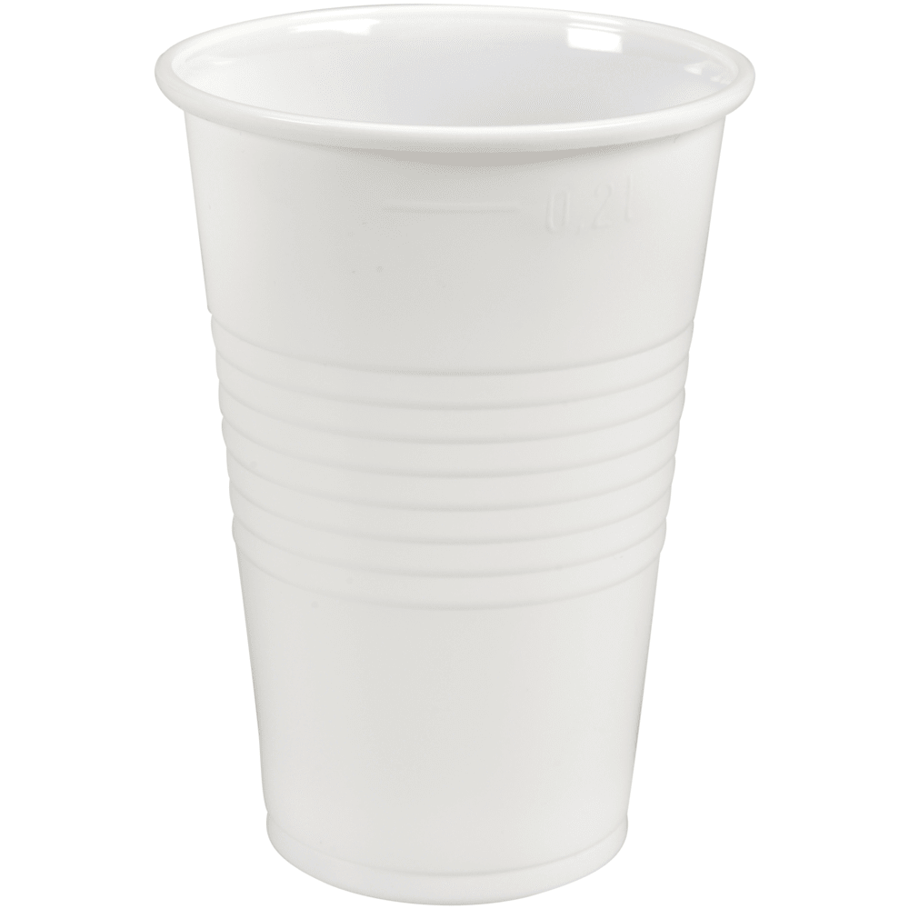 Un gobelet distributeur blanc de la société Abena Re-Seller GmbH (PP, 20 cl), avec des rainures horizontales, se tient droit sur un fond blanc simple. Emballage : 100 pièces.