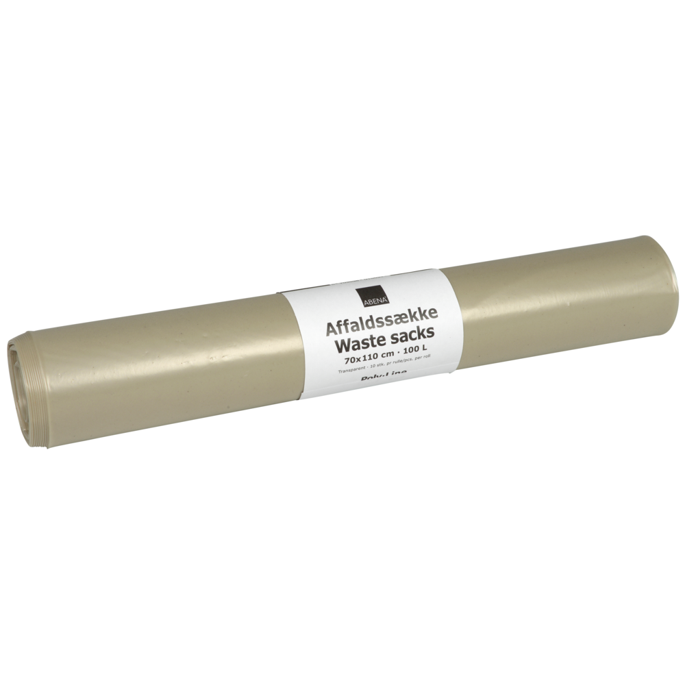 Een rol transparante Abena Re-Seller GmbH afvalzakken, 120 L inhoud, 700x1100 mm grootte, gemaakt van 55 my LDPE; bevat 10 zakken per rol.