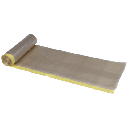 Een gedeeltelijk uitgerolde rol Abena Re-Seller GmbH afvalzakken 120 L, transparant met gele koord (700x1010mm, 55 my), 10 zakken per rol, wordt weergegeven op een witte achtergrond.