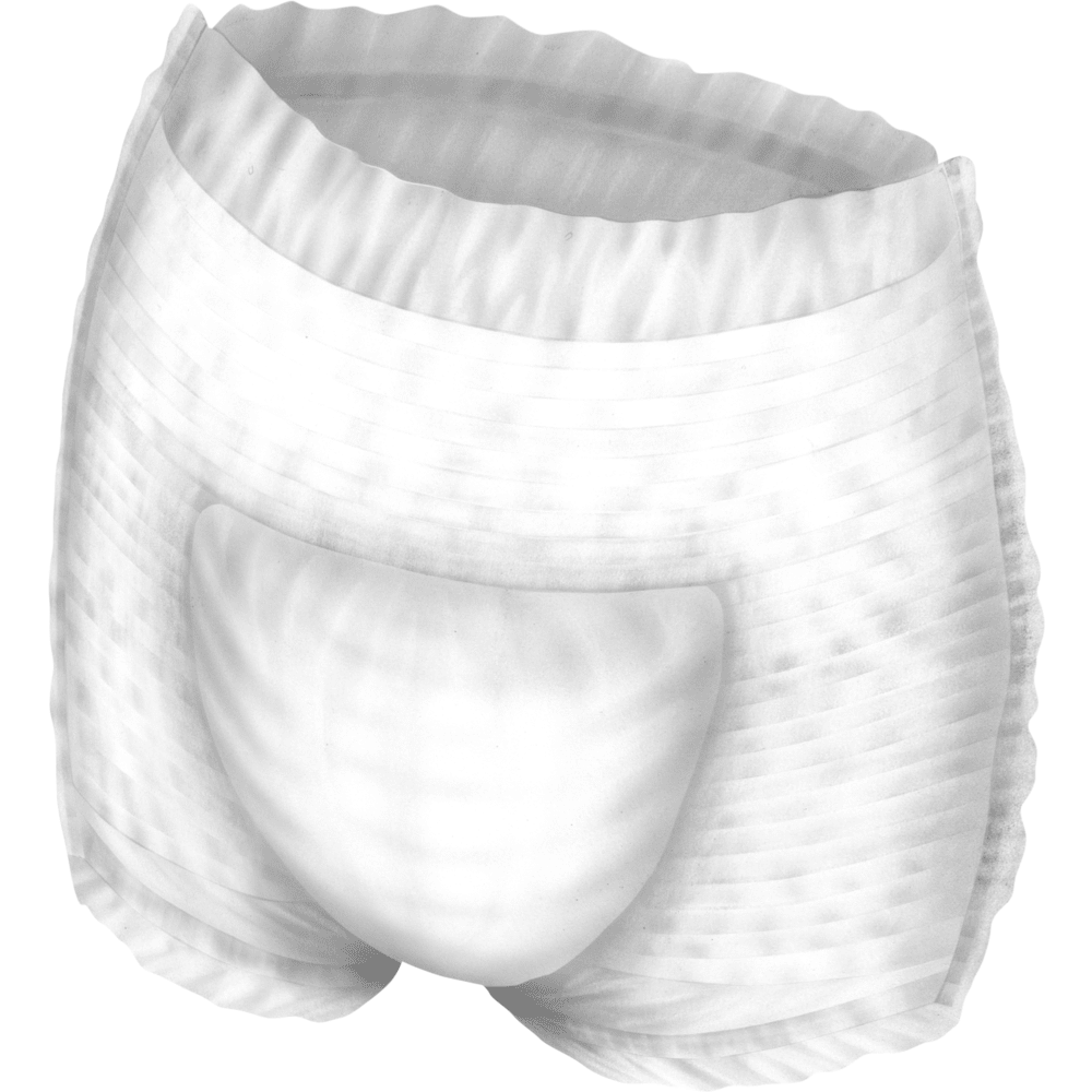 Gros plan d'une seule ABENA Pants Special Premium de Abena Re-Seller GmbH, avec une ceinture élastique et des ouvertures pour les jambes, vue de face et légèrement de dessus.