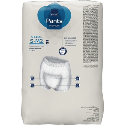 Un paquet de 20 ABENA Pants Special Premium de Abena Re-Seller GmbH, taille S-M2. L'emballage principalement blanc affiche sur le devant les détails du produit et une illustration du sous-vêtement.