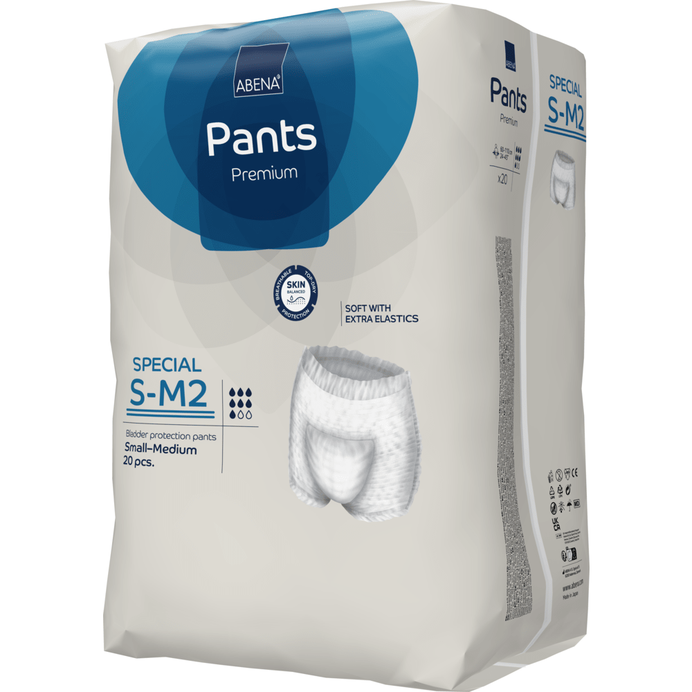 Un paquet d'ABENA Pants Special Premium de Abena Re-Seller GmbH, taille S-M2, pour la protection de la vessie chez les adultes, contient 20 pantalons. L'emballage est principalement beige avec des accents bleus et des images de produit.