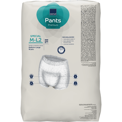 Un paquet d'ABENA Pants Special Premium de Abena Re-Seller GmbH, taille moyenne, 18 pièces. L'emballage montre les détails du produit, l'image du pantalon et des informations sur l'équilibre de la peau pour les soins de l'incontinence chez les adultes.