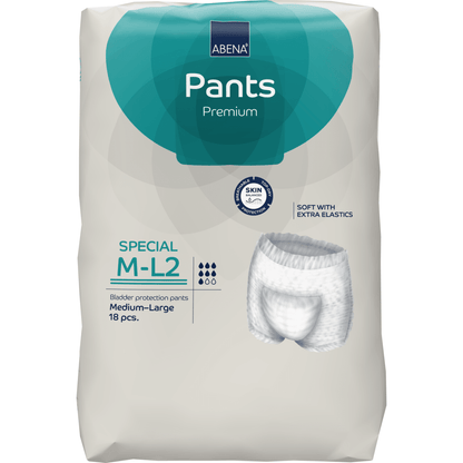 Un paquet d'ABENA Pants Special Premium de Abena Re-Seller GmbH pour adultes, taille moyenne-grande, contient 18 pièces dans un emballage clair avec des accents bleu sarcelle et des détails sur le produit.