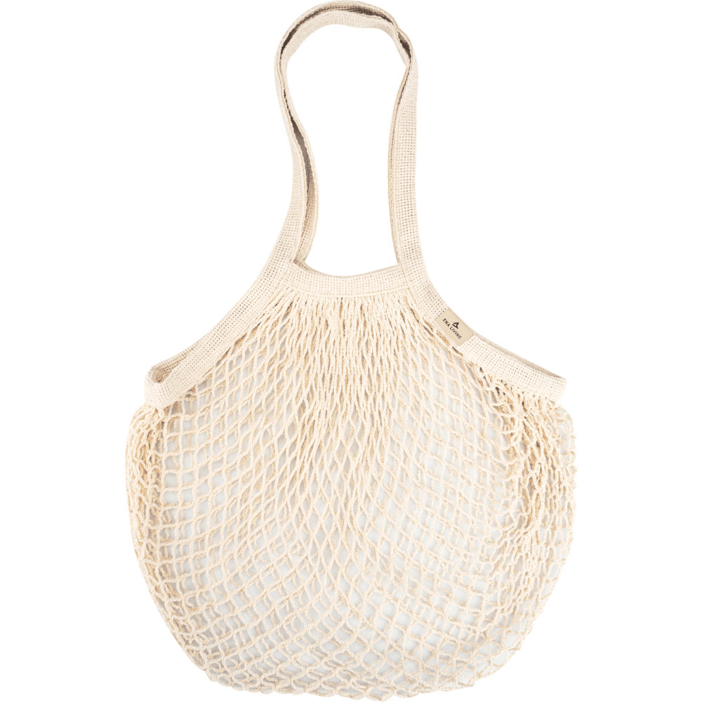 Het ENA Living boodschappennet van Abena Re-Seller GmbH (doos met 24 verpakkingen), beige en herbruikbaar met twee hengsels, wordt leeg gepresenteerd tegen een witte achtergrond - ideaal voor milieubewust winkelen.