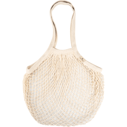 Het ENA Living boodschappennet van Abena Re-Seller GmbH (doos met 24 verpakkingen), beige en herbruikbaar met twee hengsels, wordt leeg gepresenteerd tegen een witte achtergrond - ideaal voor milieubewust winkelen.